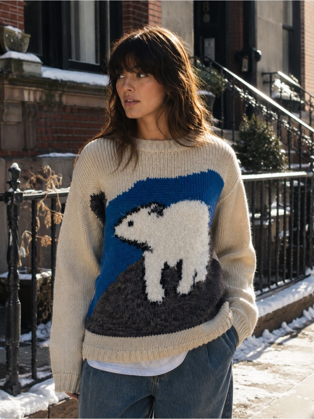 Pins and Needles Urban Outfitters Womens Polar Bear Sweater Sz Medium Beige Blue